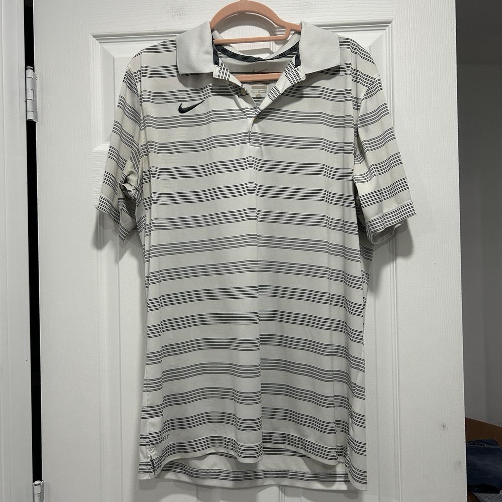Nike Dri-Fit Men's Large‎ Golf Shirt Polo White With Black Stripes